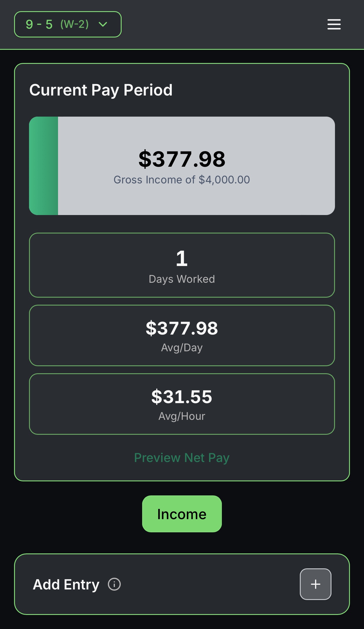 Stackin app preview showing the current pay period screen.